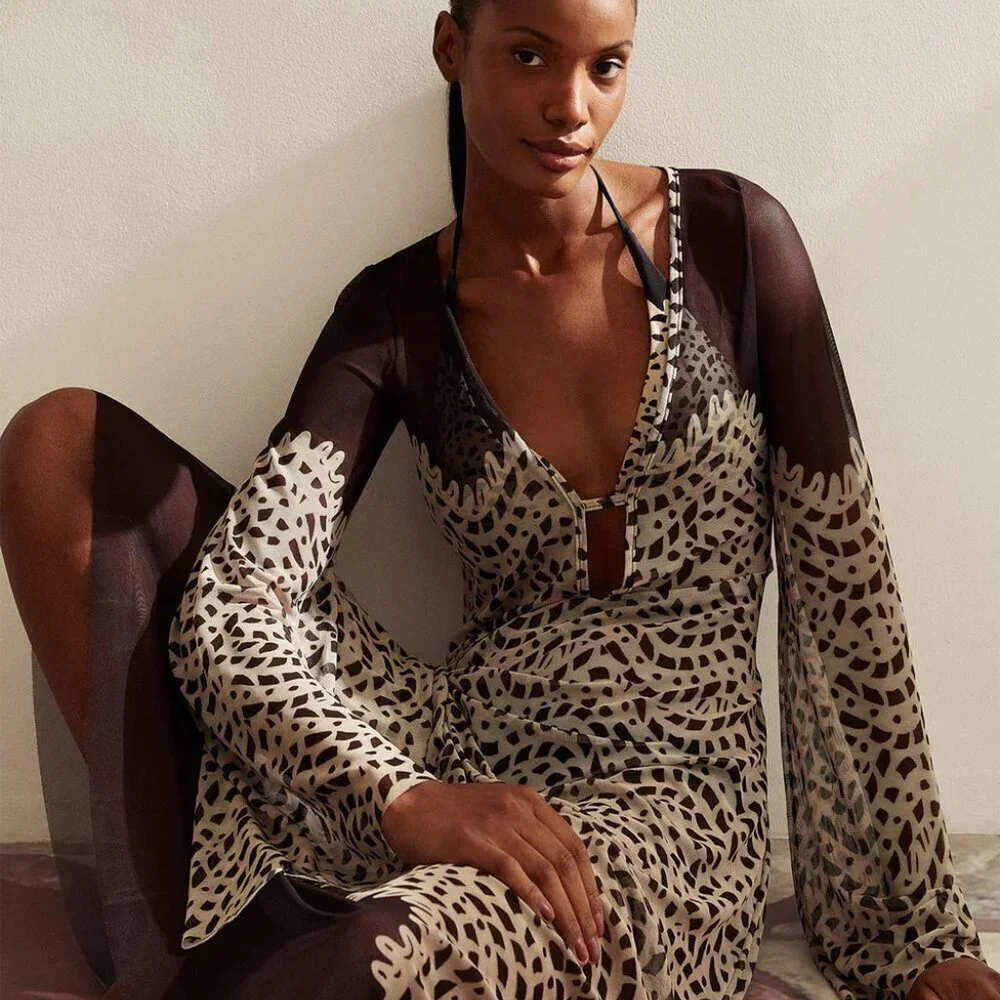 New Caroline Constas Lidi Poeme Long Tunic Kaftan Beach Swim Cover-Up Small NWT